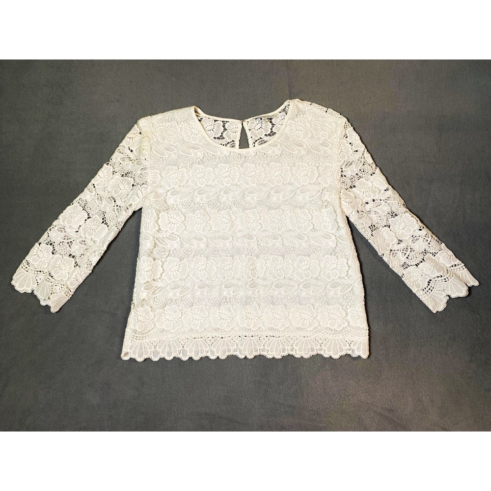 Rebecca Minkoff Women's White Floral Lace Crop Blouse 3/4 Sleeve Small coquette
